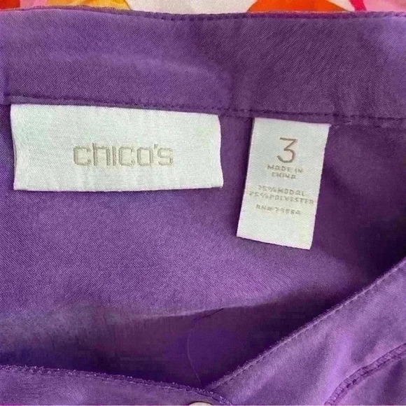Chicos Tunic Roll Sleeve Silky Button Up Top Size 3 Large Purple Career Flowy - Picture 9 of 11